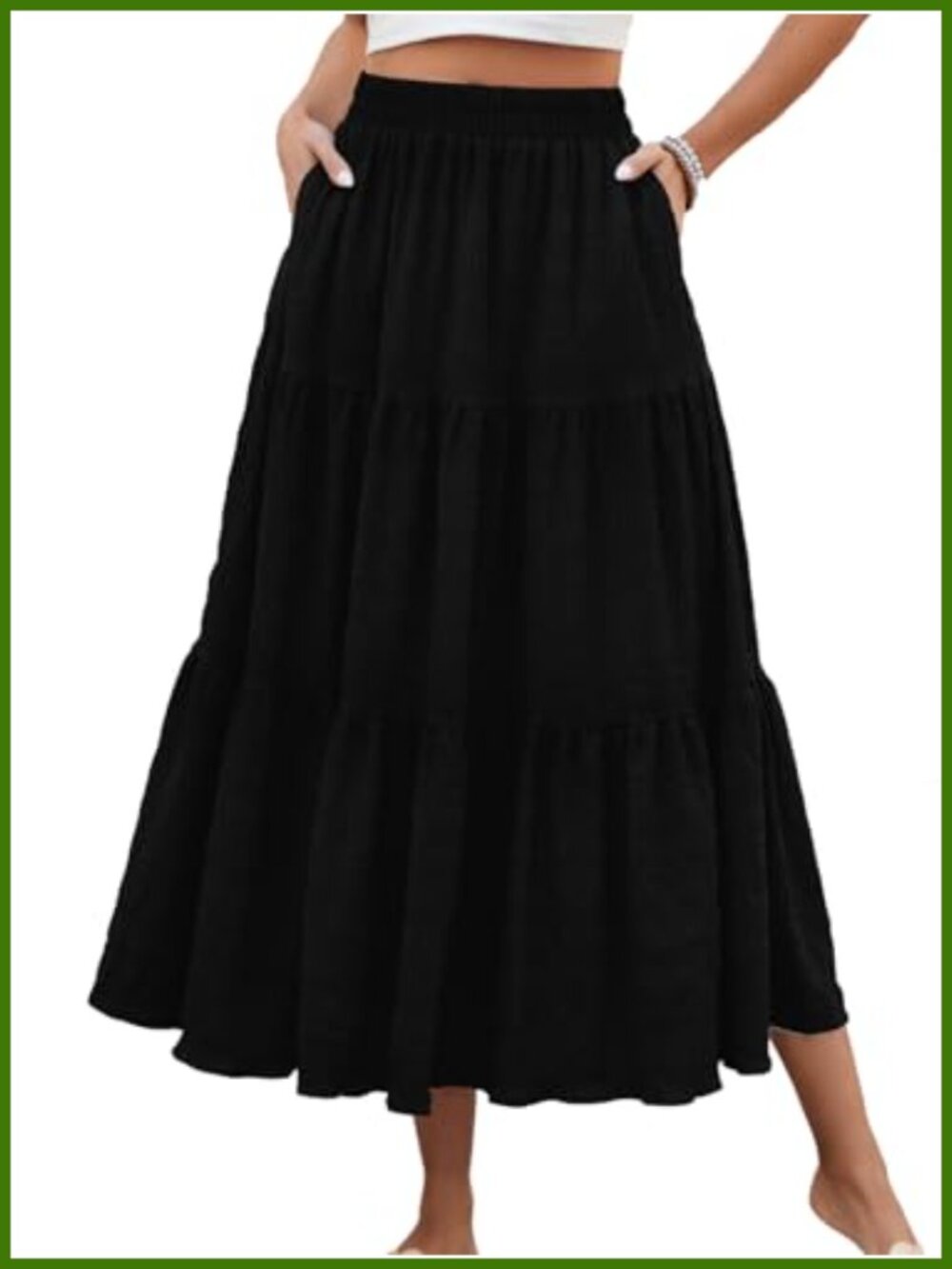 Women's Smocked Tiered Maxi Skirt High Waisted A-Line Flowy with Pockets